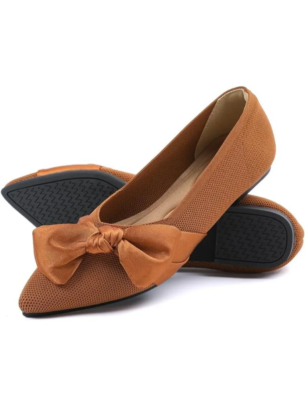 Women's Brown Mesh Pointed Toe Ballet Slip On Comfortable  Flats with Bow Shoes